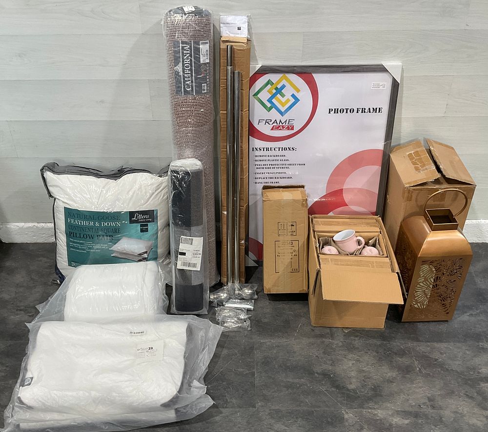 Lot 163: * 5 Cartons and Assorted Goods Containing Household Textiles, Decor and Kitchenware including Littens Pillows and Waterside Dinner Set