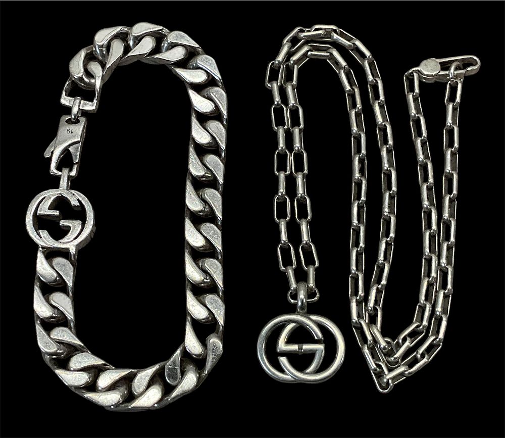 Lot 3: A Gucci Heavy Silver Curb Bracelet Marked 925 & A Gucci Sterling Silver 925 Interlocking Pendant Necklace, Total Approx. Weight 68.9g - BY ORDER OF THE OFFICIAL RECEIVER