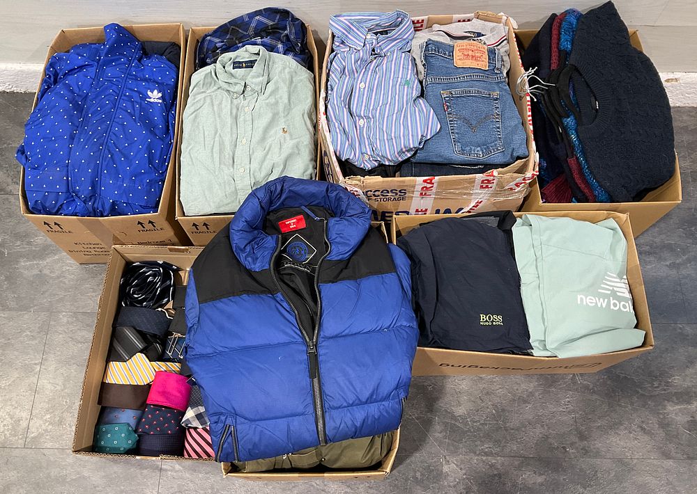 Lot 20: * 7 Cartons Containing Assorted Clothing and Footwear including Superdry Gilet and Adidas Jacket