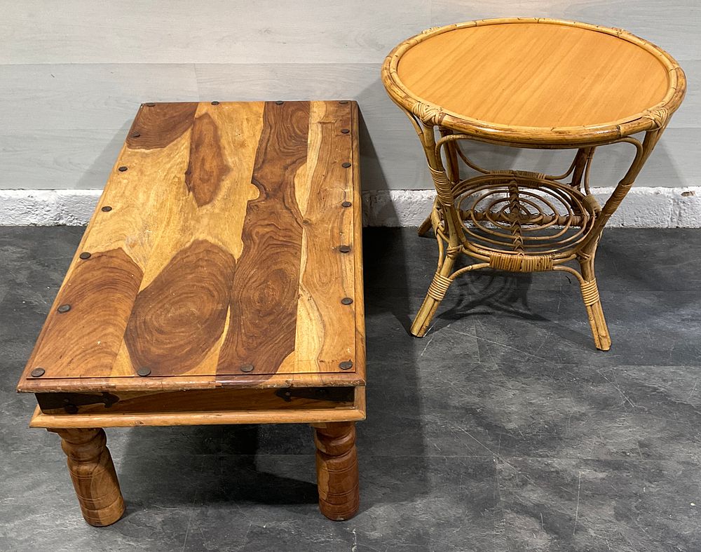 Lot 28: * A Wooden Low Coffee Table & A Circular Bamboo Table