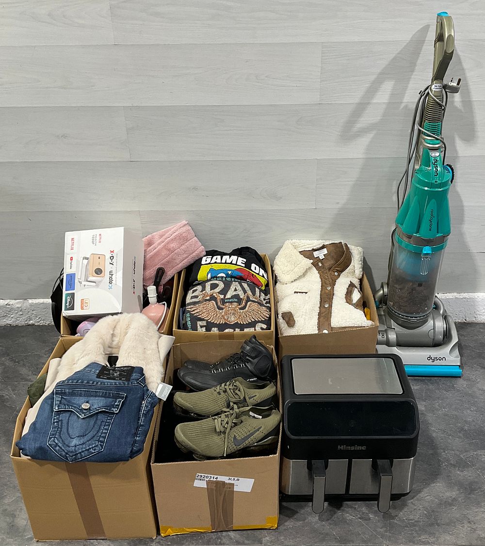 Lot 31: * A Dyson DC07 Upright Vacuum Cleaner & 5 Cartons Containing Assorted Household Goods