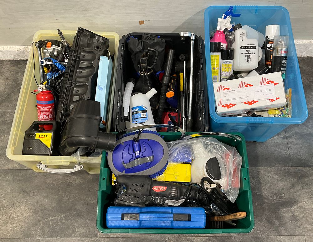 Lot 53: * 4 Crates Containing An Assortment of Automotive Tools & Goods including Autiwoz Polisher and Sealey Spark Plug Socket Set