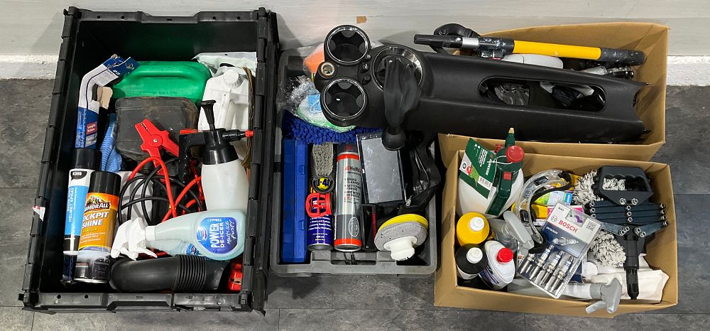 Lot 54: * 2 Cartons and 2 Crates Containing An Assortment of Automotive Parts and Maintenance Goods including A JVC Double-DIN Head Unit