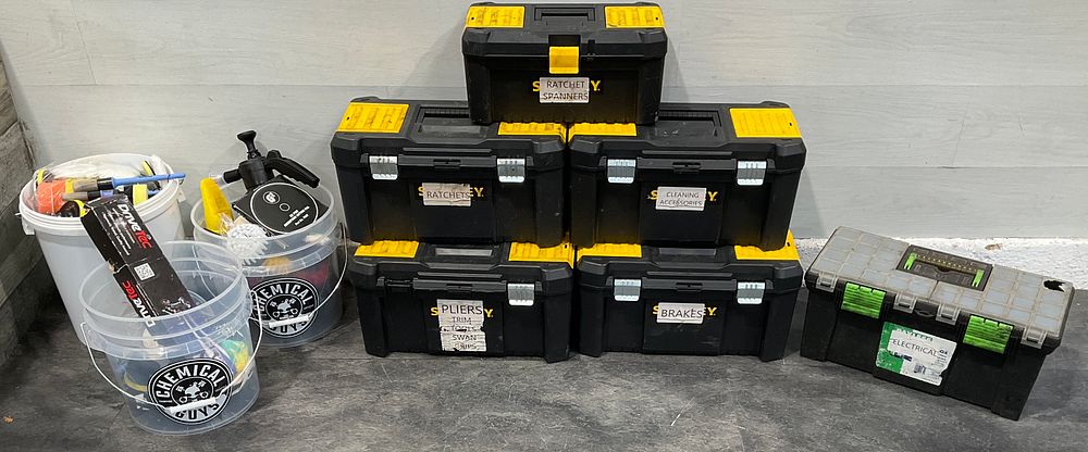 Lot 58: * 6 Empty Toolboxes & 3 Buckets Containing An Assortment of Automotive Hand Tools & Detailing Accessories including Stanley and Chemical Guys