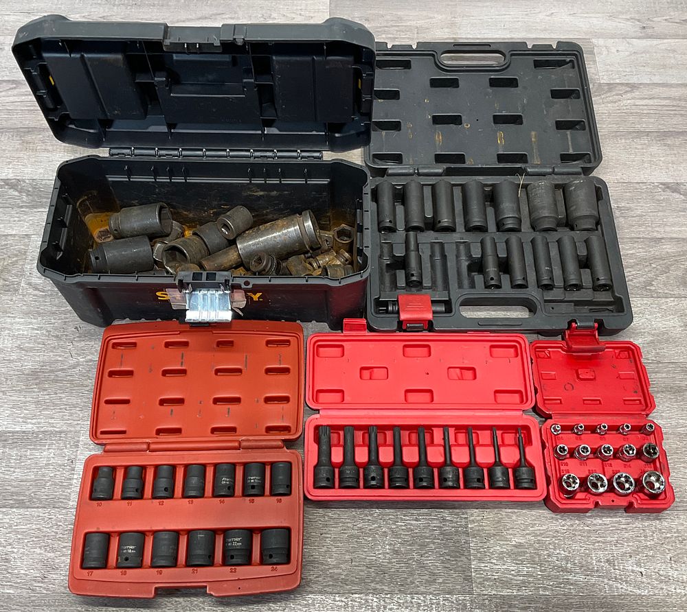Lot 60: * A Stanley Toolbox and Four Cases Containing An Assortment of Impact Sockets and Specialty Bit Sockets including US PRO and Premier