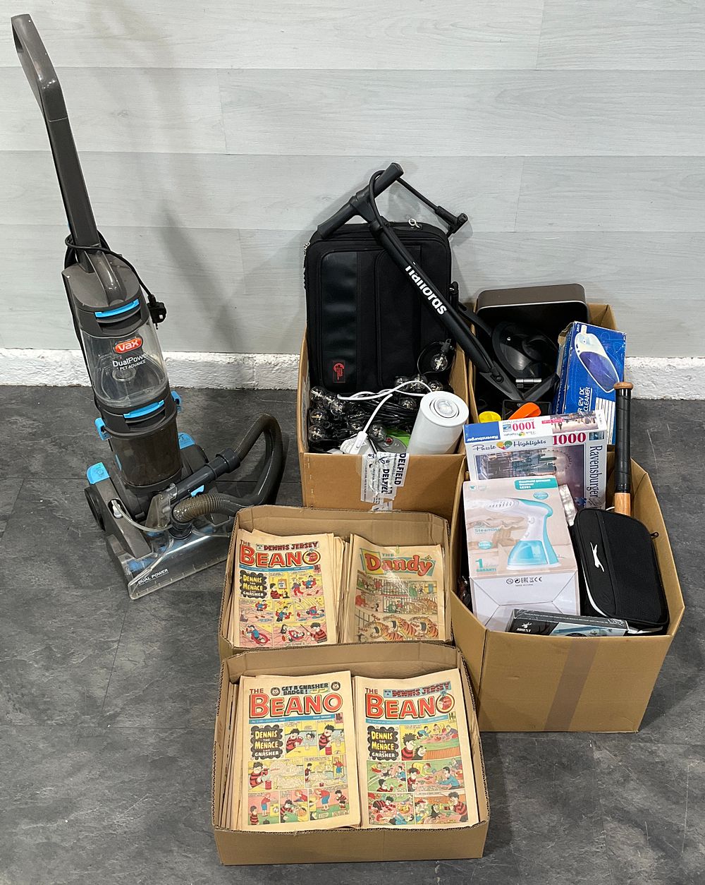 Lot 69: * A Vax DualPower Pet Advance Carpet Cleaner & 5 Cartons Containing Assorted Household Goods and Vintage Comics