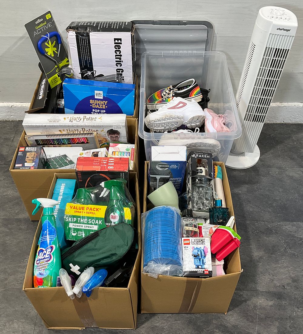Lot 74: * 4 Cartons & A Plastic Crate Containing Assorted Household Goods, Toys & Footwear including Challenge Tower Fan