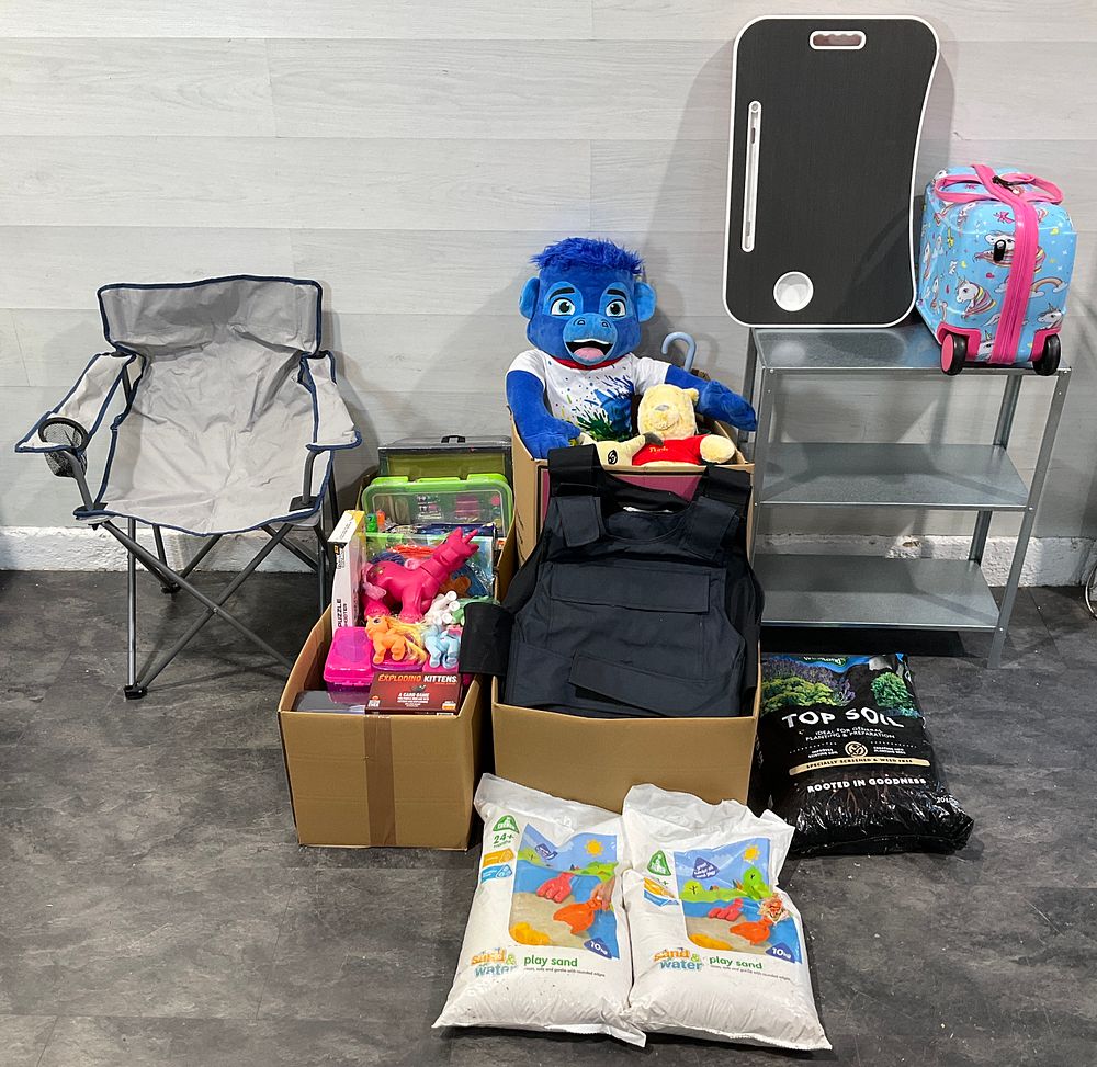 Lot 76: * 4 Cartons Containing An Assortment of Household Goods including Toys, Metal Shelving & Gardening Supplies