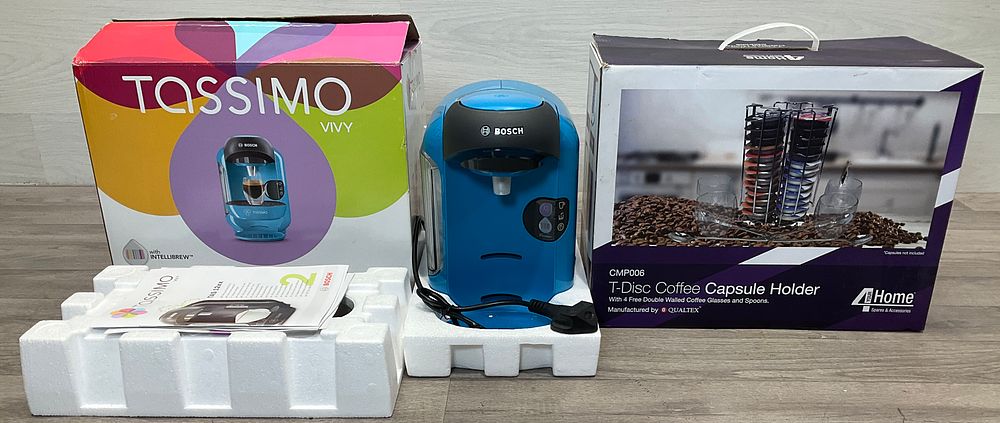 Lot 77: * A Bosch Tassimo Vivy TAS1255GB Hot Drinks Machine and Accessory Set