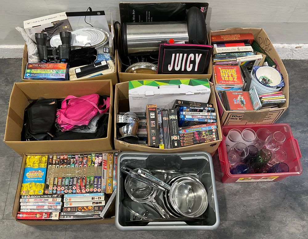 Lot 83: * 6 Cartons & 2 Crates Containing An Assortment of Household Goods including Goodmans DVD Player and Professional Cookware
