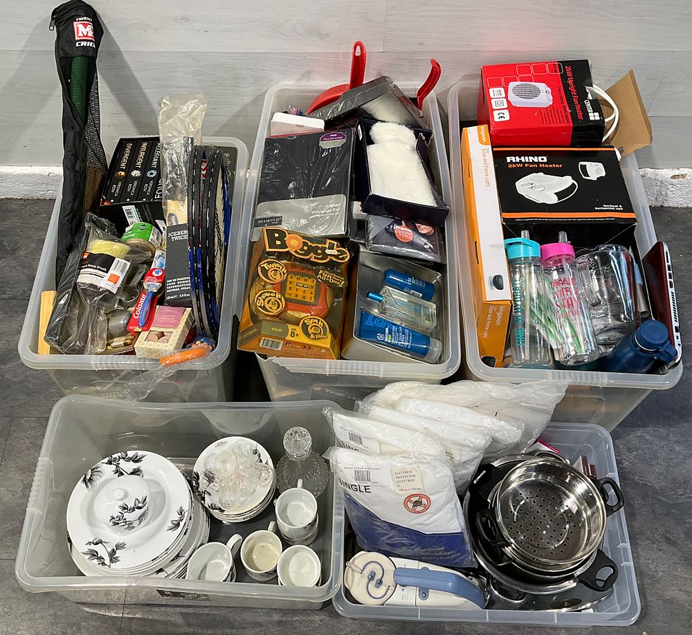 Lot 84: * 5 Crates Containing An Assortment of Household Goods including Royal Worcester Tableware and Rhino Fan Heaters