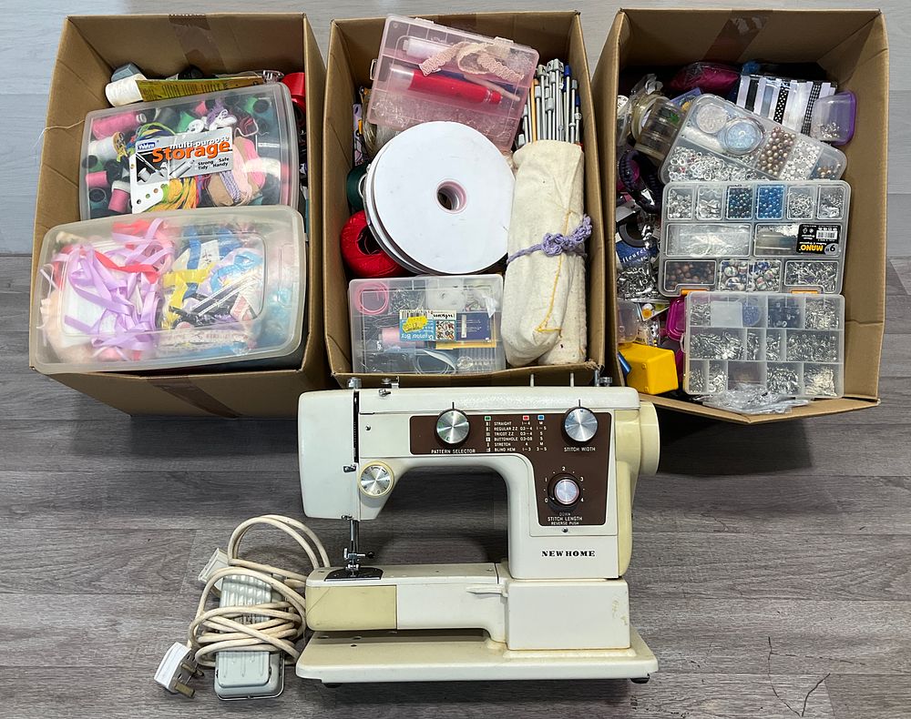 Lot 85: * A New Home Sewing Machine and 3 Cartons Containing Assorted Haberdashery and Craft Supplies