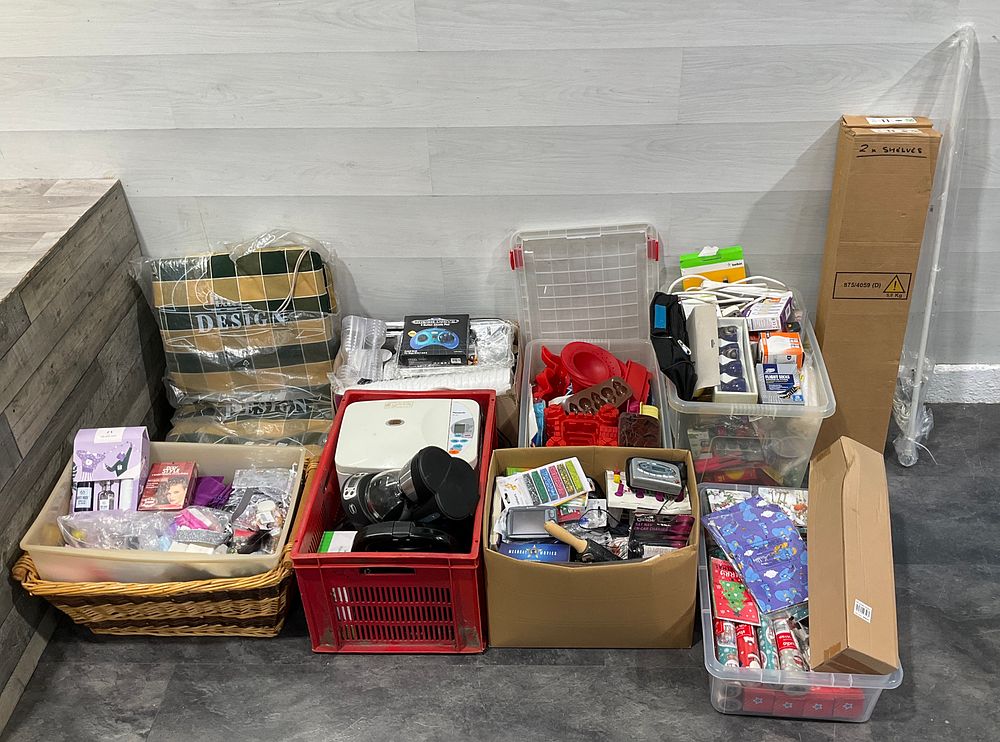 Lot 89: * 4 Crates, 2 Cartons & A Wicker Basket Containing Assorted Household Goods including Panasonic SD-251 Bread Maker and Sony Walkman WM-FX477