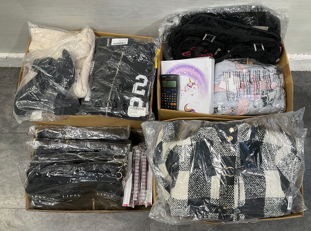 Lot 93: * 4 Cartons Containing Assorted Clothing, Accessories & Household Goods including Lipsy and Casio