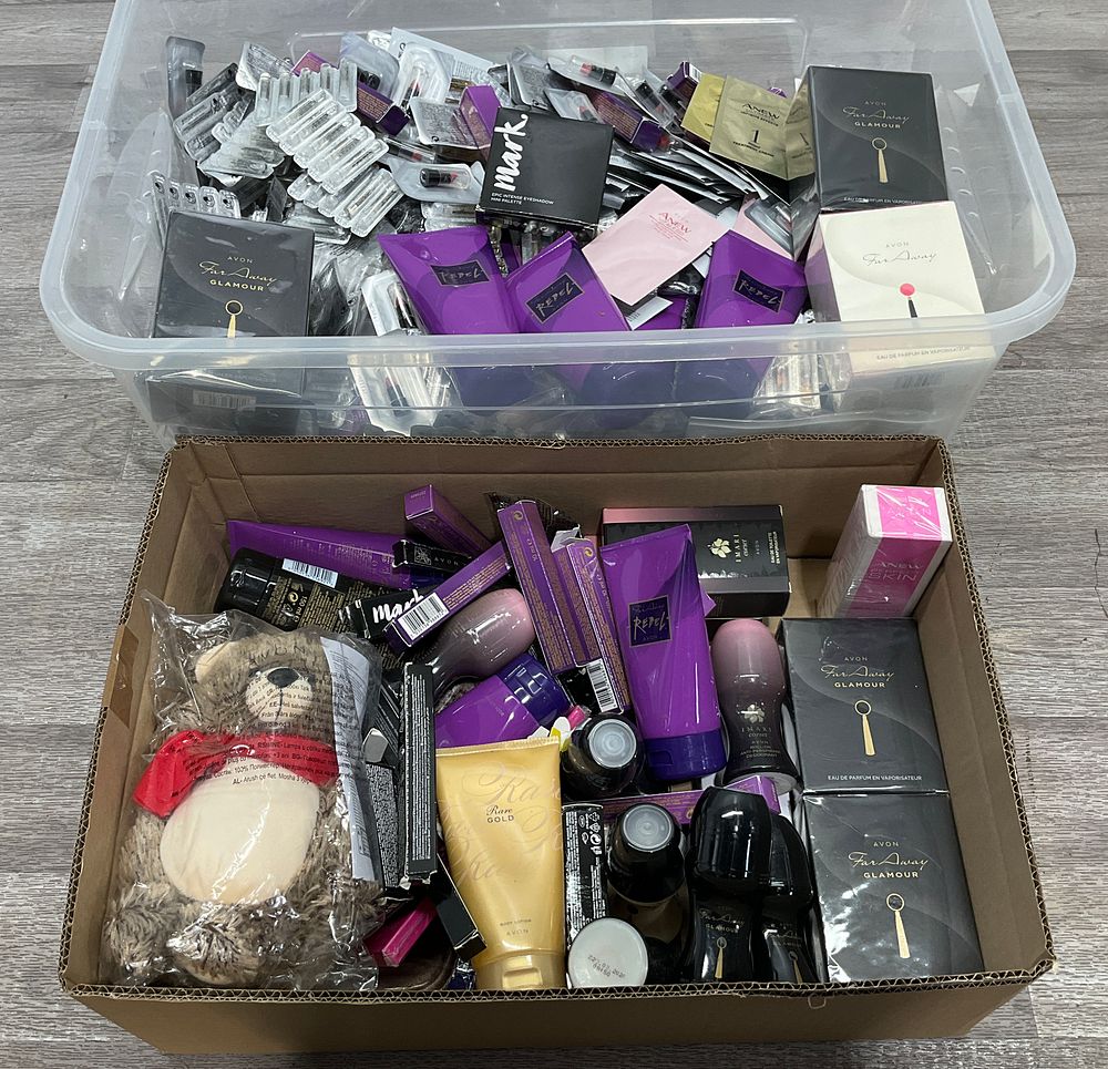 Lot 95: * A Carton and a Crate Containing An Assortment of Avon Household Goods including Far Away Glamour and Imari Corset