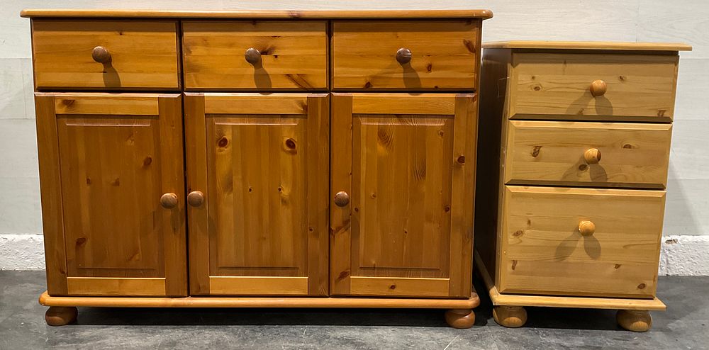 Lot 102: * A Solid Pine Sideboard and A Pine Effect Three Drawer Bedside Chest