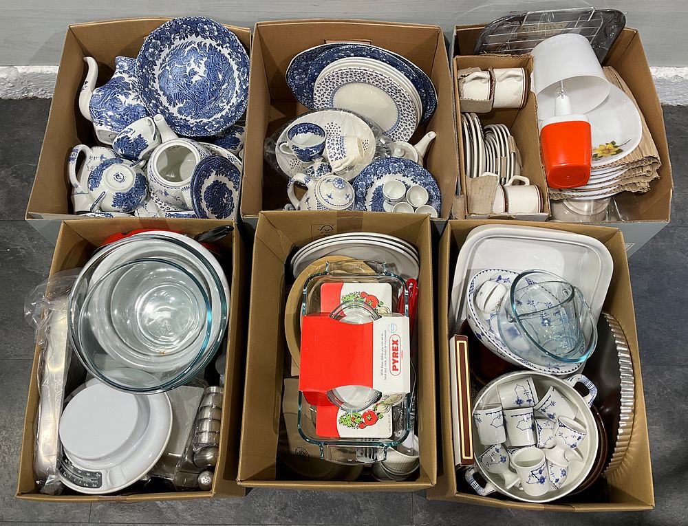 Lot 104: * 6 Cartons Containing An Assortment of Household Ceramics and Glassware including Pyrex and Enoch Wedgwood