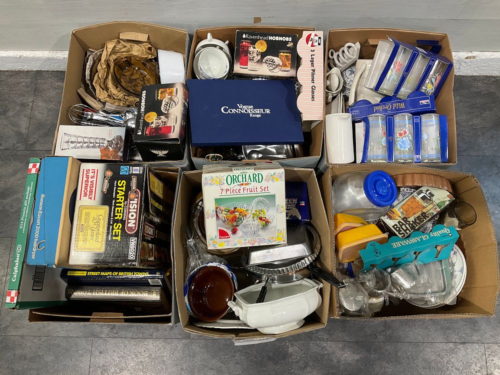 Lot 105: * 6 Cartons Containing Assorted Household Goods and Kitchenware including Vision by Corning and Calphalon