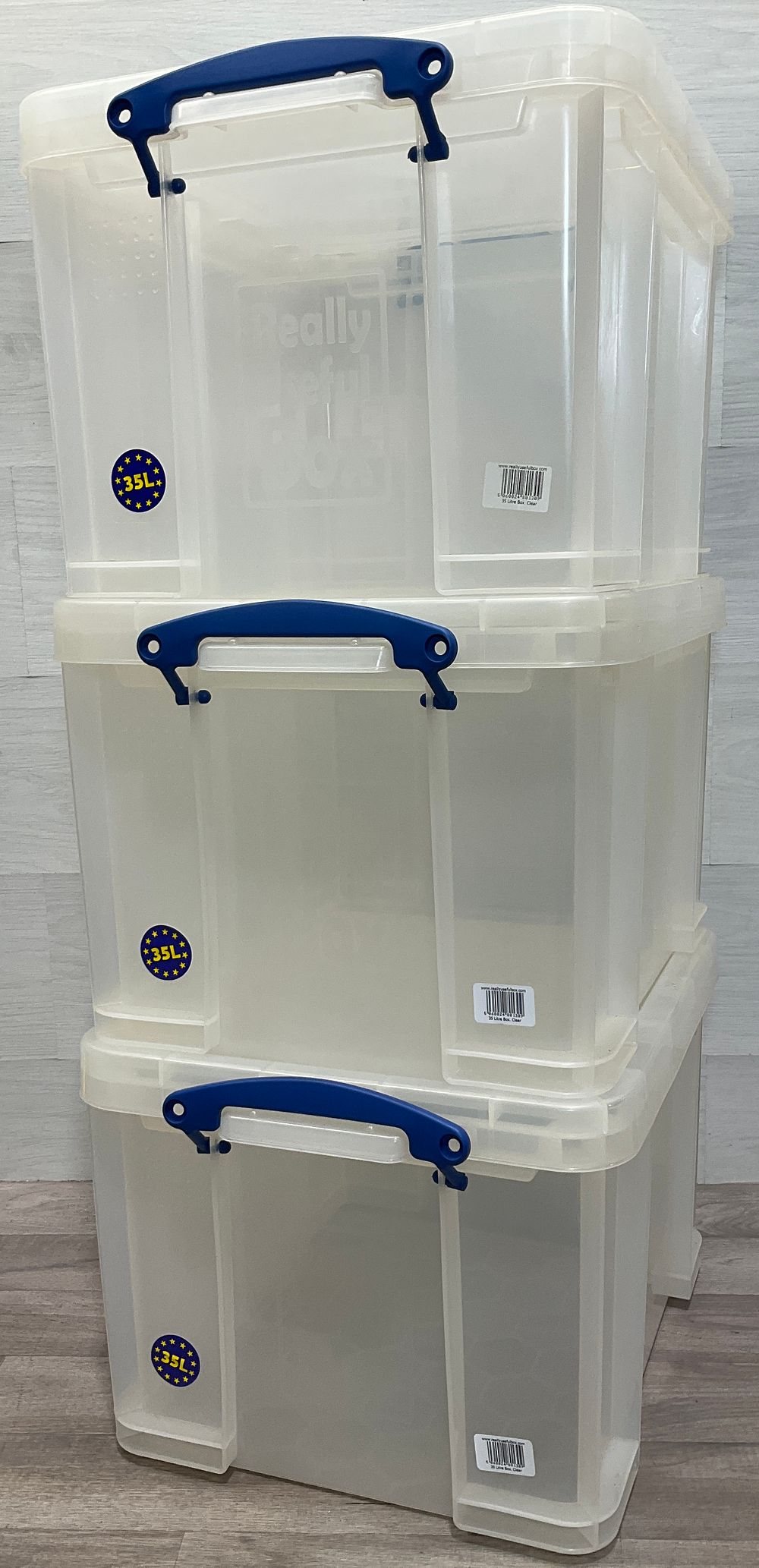 Lot 107: * Three Really Useful Box 35 Litre Clear Storage Boxes