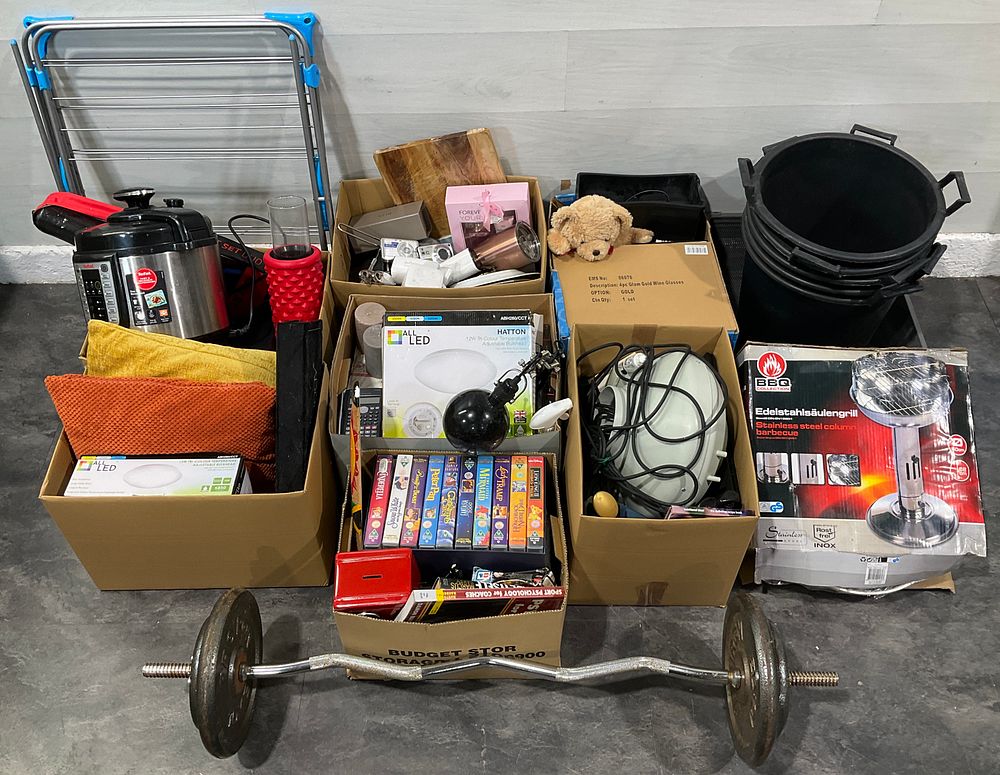 Lot 114: * 7 Cartons Containing An Assortment of Household Goods including Tefal Multicooker and Proiron EZ-Curl Barbell