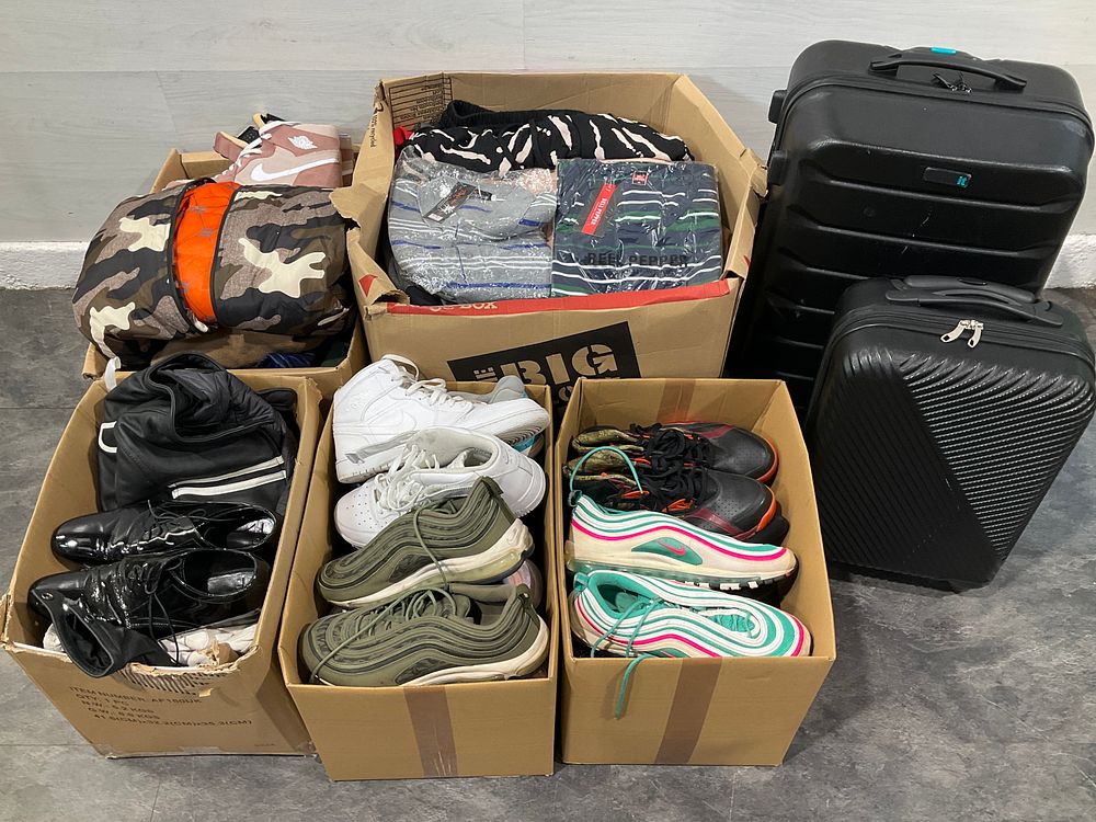 Lot 116: * Two Hard Shell Travel Cases and Five Cartons Containing Assorted Clothing and Footwear