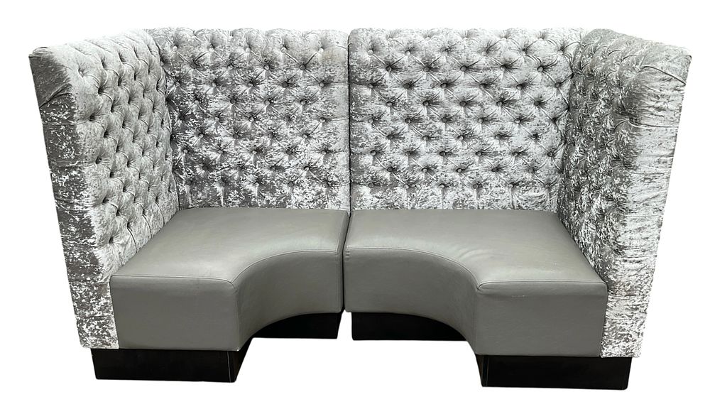 Lot 117: * A Two Piece Curved Booth Settee with Silver Crushed Velvet Backrests
