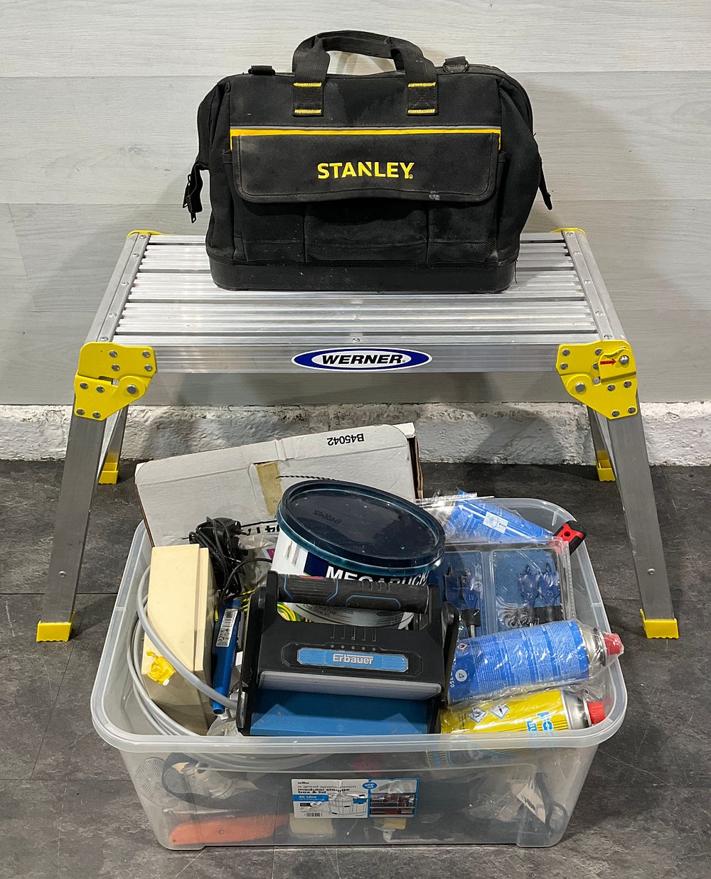 Lot 119: * A Collection of Assorted Trade Tools and Access Equipment including Werner Work Platform and Stanley Tool Bag