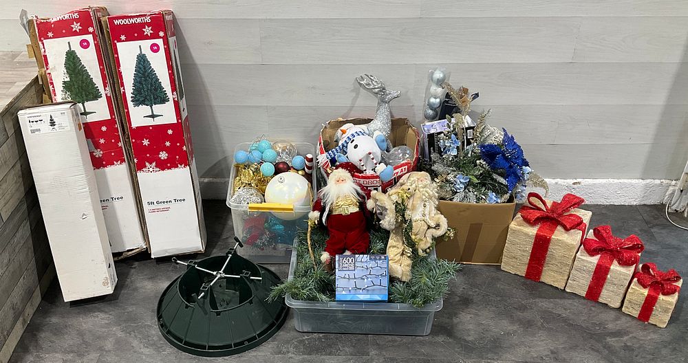 Lot 134: * 2 Crates & 2 Cartons Containing Assorted Christmas Decorations and Artificial Trees including Woolworths and IKEA