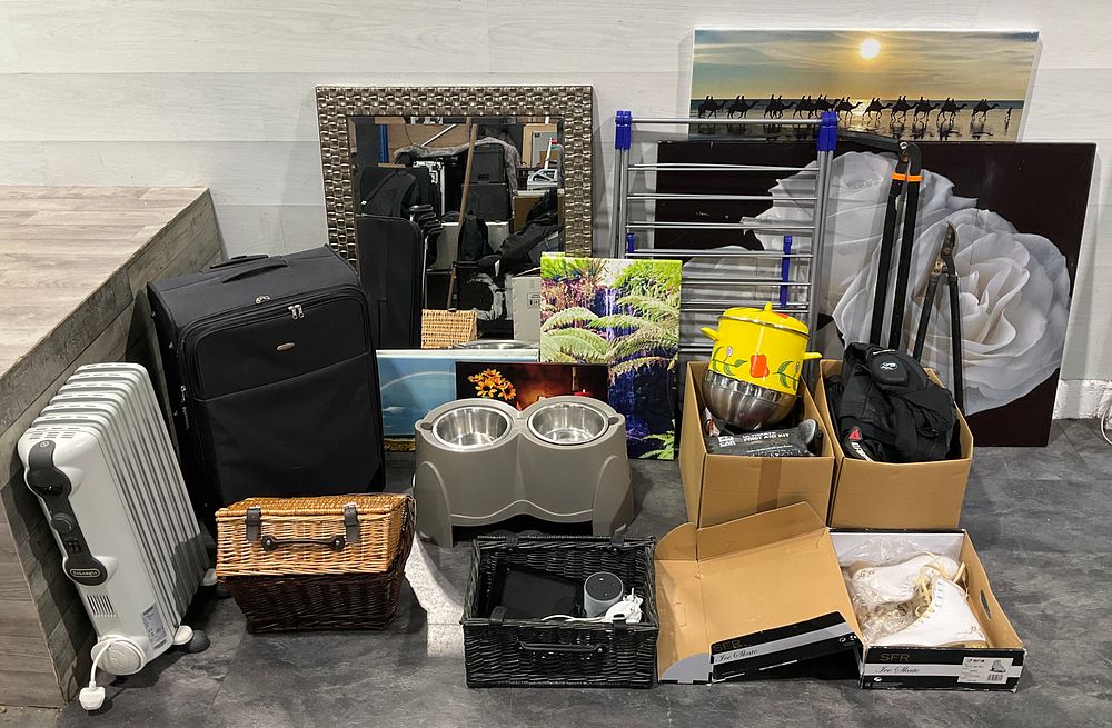 Lot 135: * An Assortment Of Loose Household Items & 2 Cartons Containing Household Goods including De'Longhi Radiator, Samsonite Suitcase and SFR Ice Skates