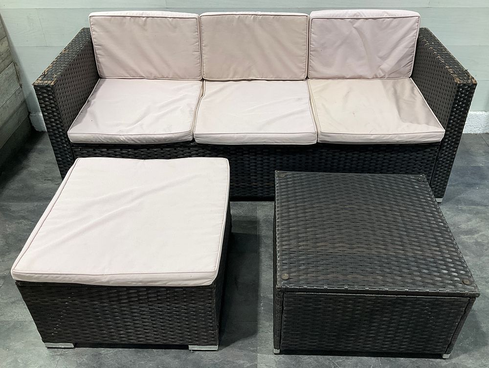 Lot 141: * Three Seater Synthetic Rattan Garden Sofa With Ottoman and Coffee Table