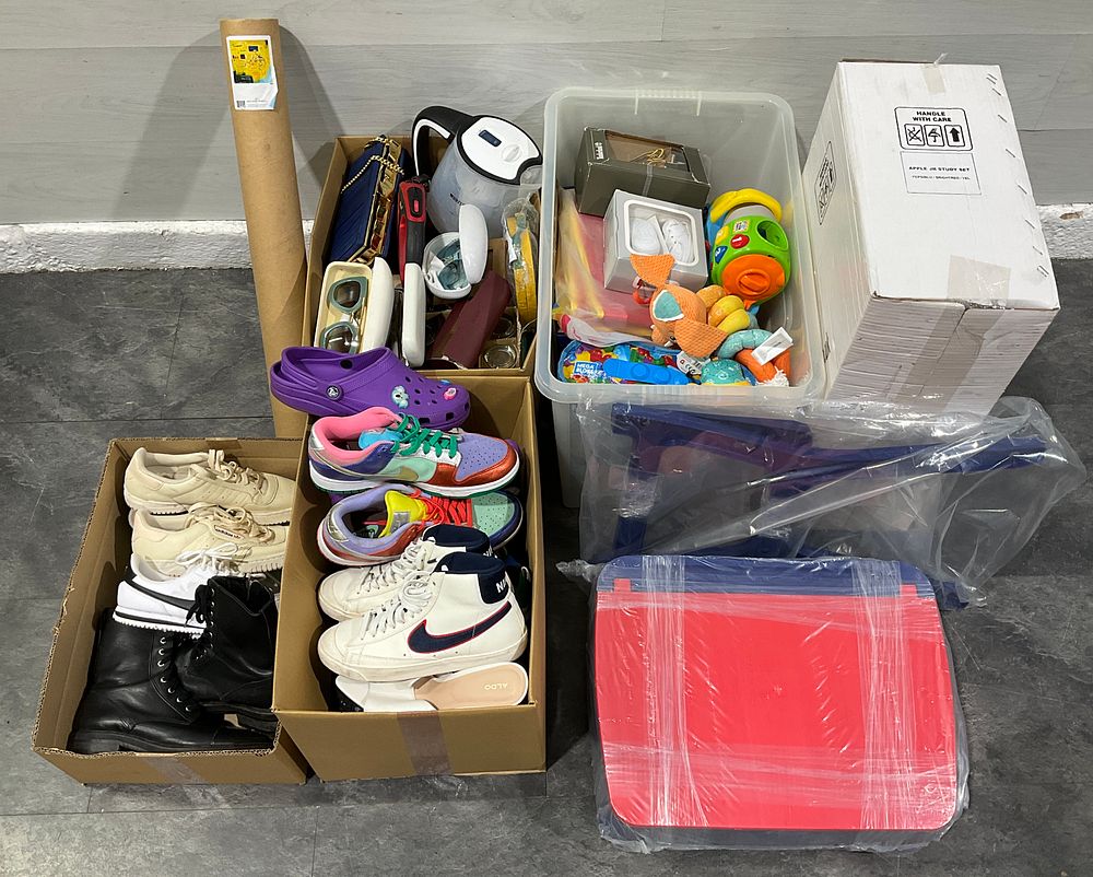 Lot 145: * 4 Cartons & A Crate Containing An Assortment of Footwear & Household Goods including Brita and Adidas