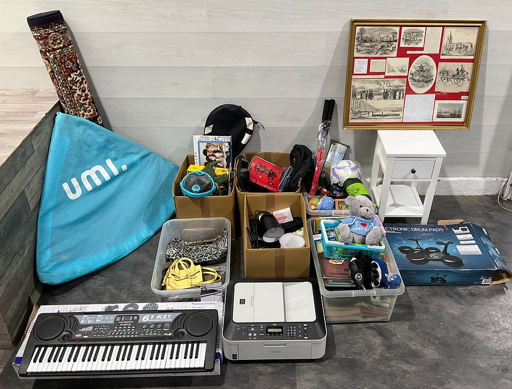Lot 149: * An Assortment Of Loose Items, 3 Cartons & 3 Crates Containing Household Goods, Musical Instruments & Toys including a Canon PIXMA MX360 Printer