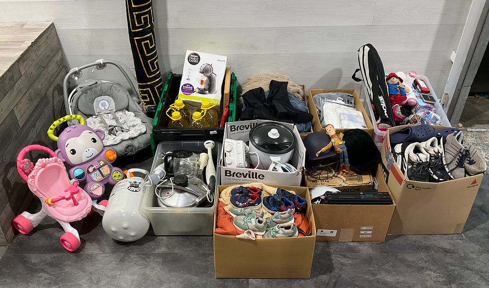 Lot 152: * An Assortment Of Loose Goods, 6 Cartons and 3 Crates Containing Assorted Household Goods
