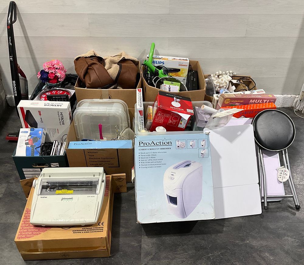 Lot 157: * 6 Cartons & 2 Crates Containing Assorted Household Goods including Brother AX-425 Typewriter and Salter Air Fryer