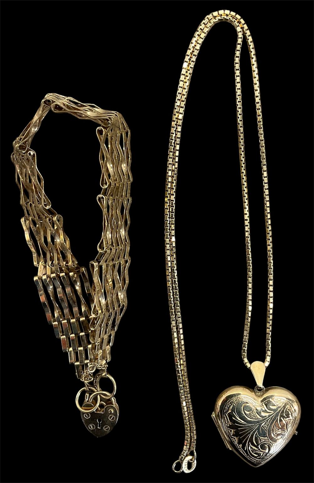 Lot 1: * A 9 Carat Gold Multi-Strand Gate Link Bracelet and a 9 Carat Gold Heart Locket Pendant on a 14 Carat Broken Box Chain