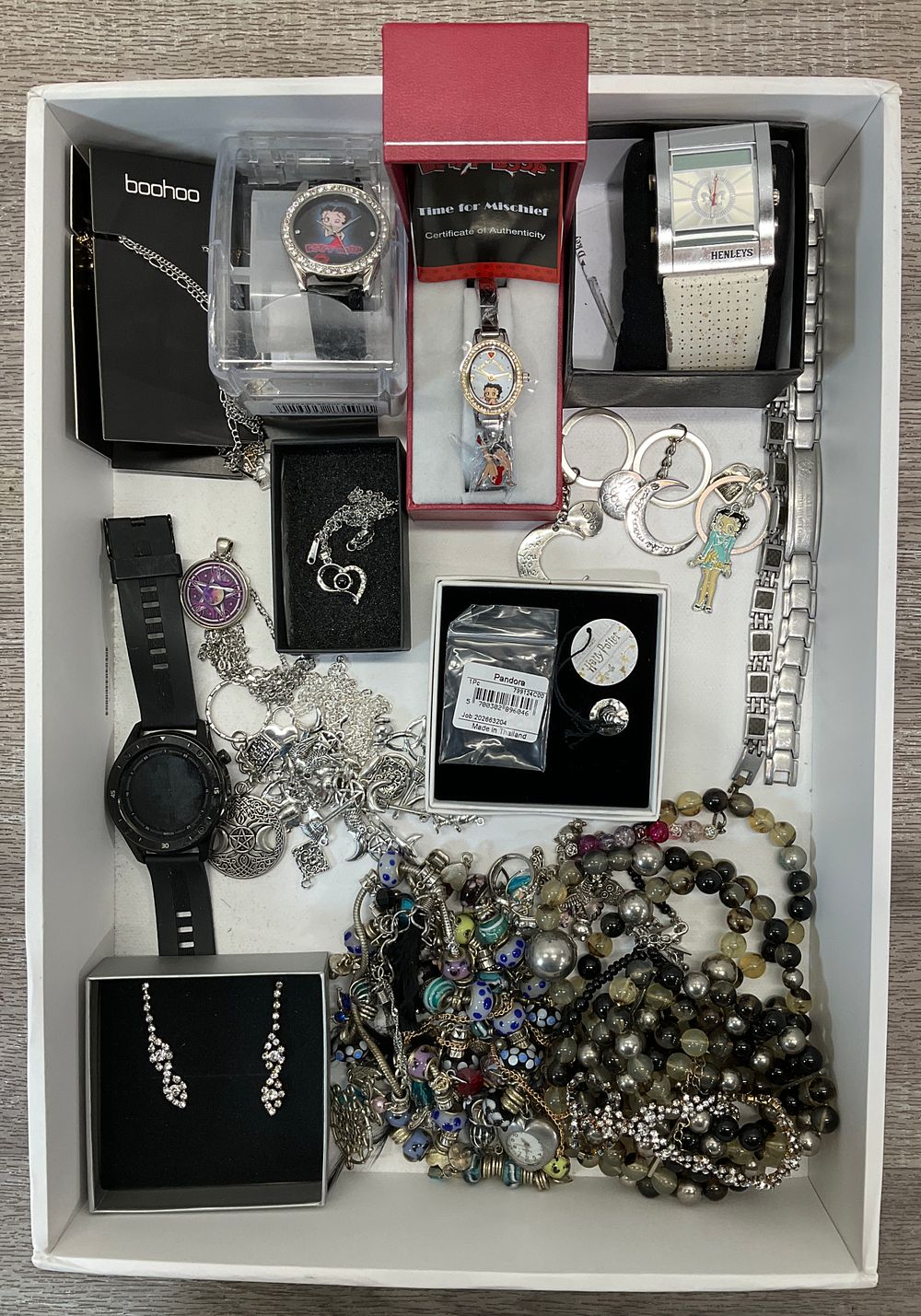Lot 6: * A Tray Containing An Assortment of Jewellery and Watches including Betty Boop and Pandora