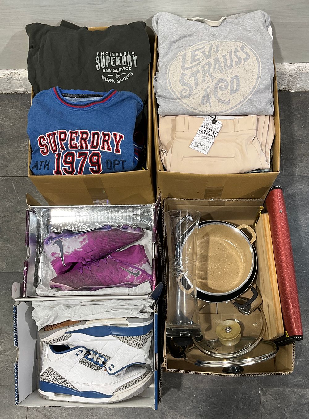 Lot 23: * 4 Cartons Containing Assorted Clothing, Footwear & Household Goods including Superdry and Nike