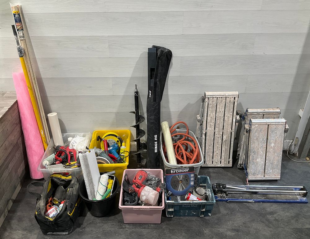 Lot 26: * An Assortment of Trade Tools & Site Equipment including Trend Hinge Jig, Einhell Power Tools & Aluminum Work Platforms