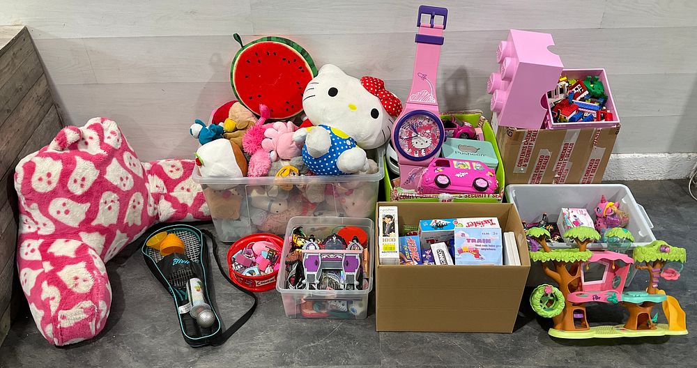 Lot 36: * 3 Cartons and 3 Crates Containing A Collection of Assorted Toys and Games including Hello Kitty and Littlest Pet Shop