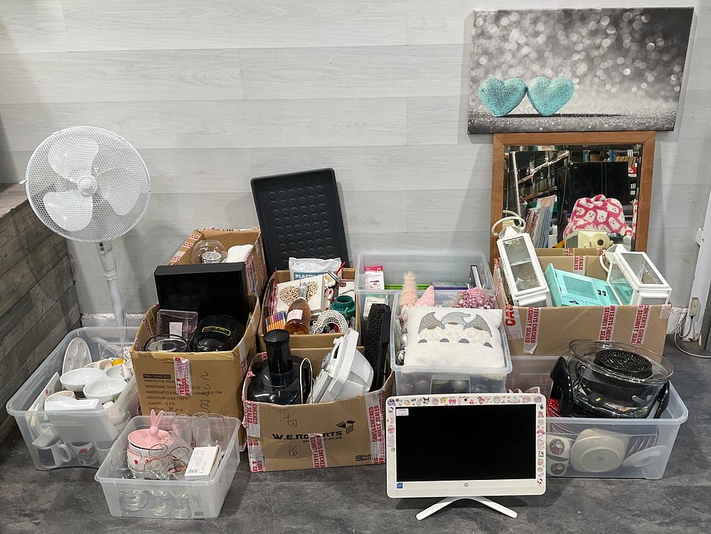 Lot 38: * 5 Cartons & 5 Crates Containing An Assortment of Household Goods including HP All-In-One Computer and Bosch Tassimo Coffee Machine