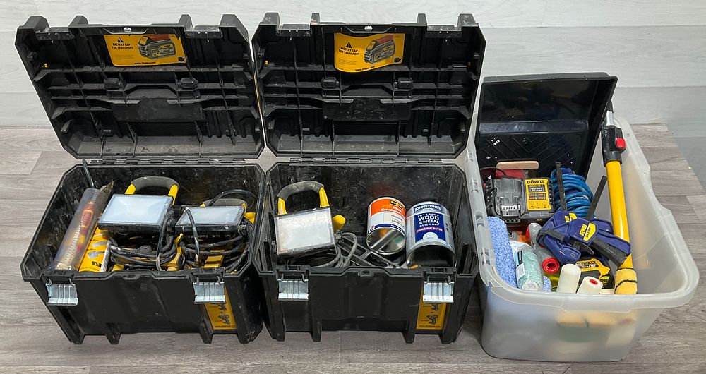 Lot 41: * 2- DeWalt TStak Toolboxes and a Crate Containing An Assortment of Hand Tools Etc.