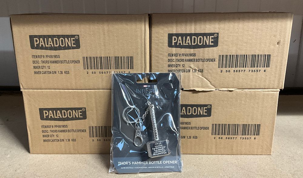 Lot 61: 4 Trade Cartons Each Containing 12 Paladone Marvel Thor's Hammer Bottle Opener Keychains