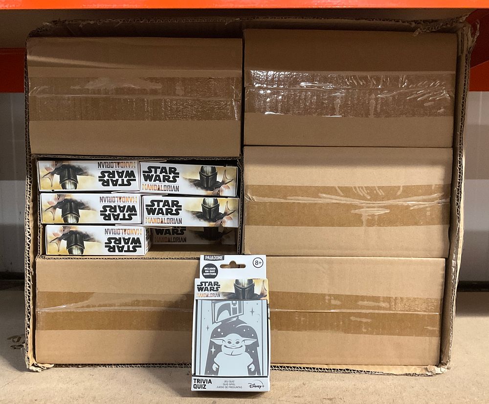 Lot 68: A Trade Carton Containing 72- Boxed Paladone Star Wars The Mandalorian Trivia Quizzes
