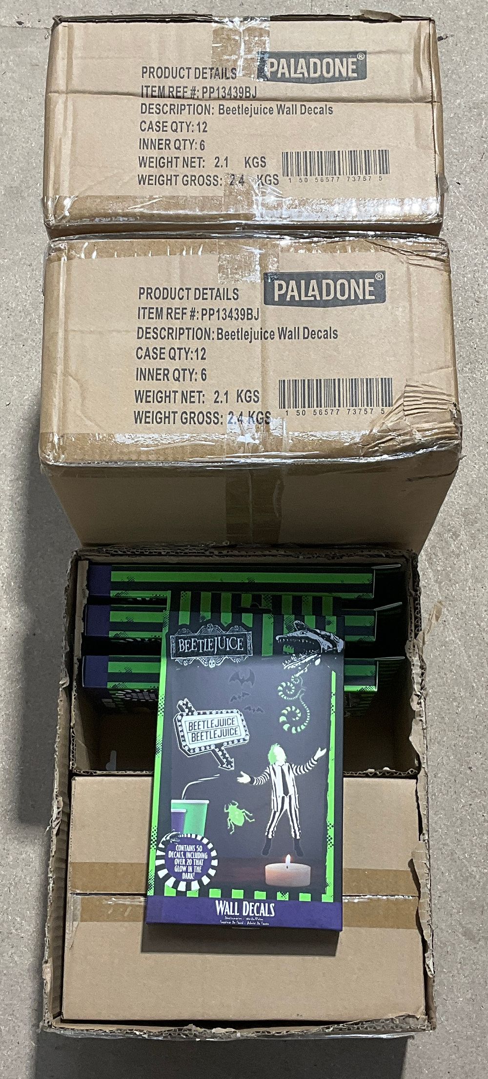 Lot 76: 3 Trade Cartons Containing 34- Boxed Paladone Beetlejuice Wall Decals