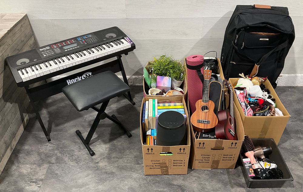 Lot 85: * A RockJam RJ761 61-key Electronic Keyboard & 5 Cartons and a Crate Containing An Assortment of Household Goods