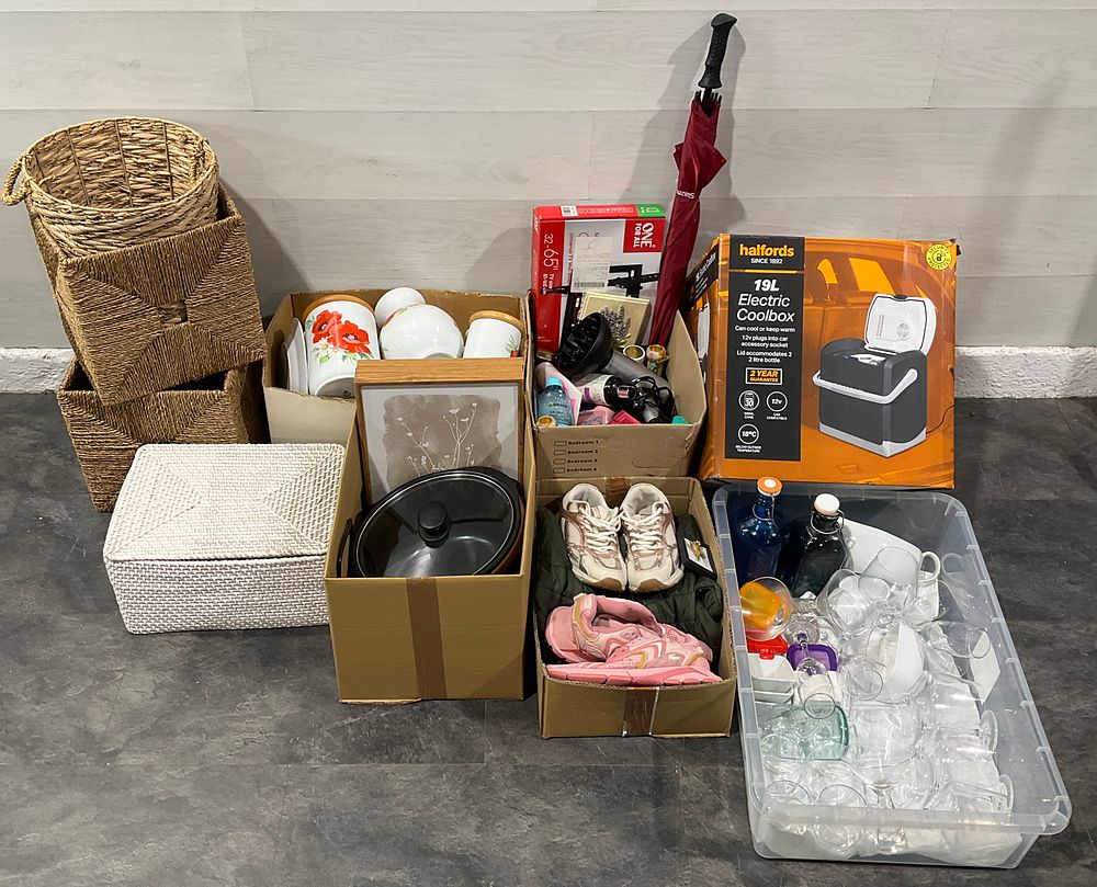 Lot 96: * 4 Cartons and a Crate Containing An Assortment of Household Goods including Halfords Electric Coolboxes and Assorted Footwear