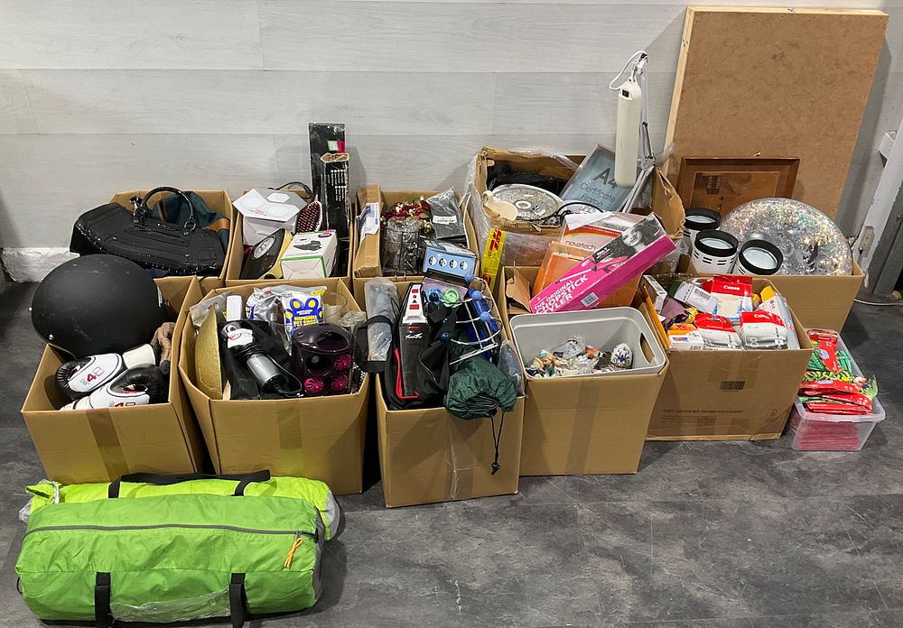 Lot 99: * 10 Cartons and a Crate Containing An Assortment of Household Goods including River Island and RDX