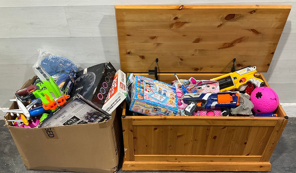 Lot 100: * A Pine Chest and Carton Containing An Assortment of Toys and Games including Nerf Blasters