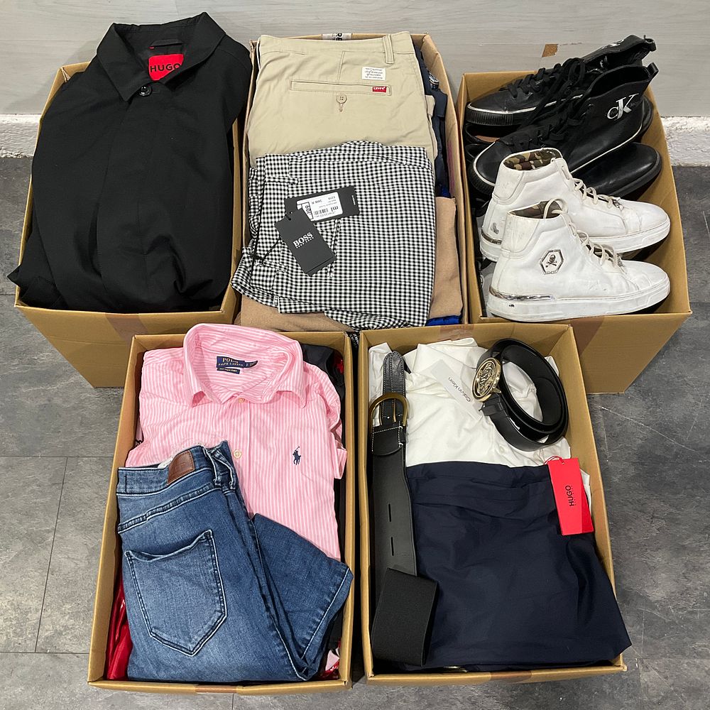 Lot 105: * 5 Cartons Containing Assorted Clothing and Footwear including Hugo and Ralph Lauren