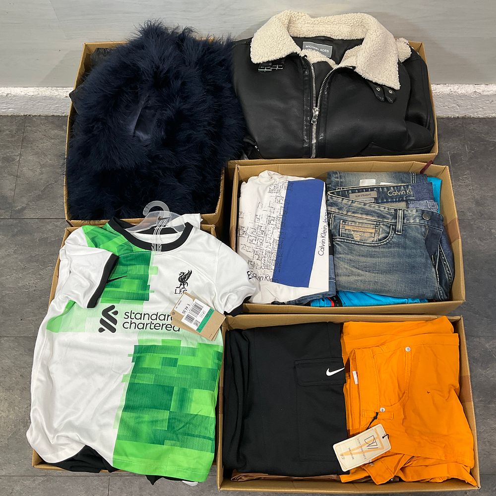 Lot 106: * 5 Cartons Containing Assorted Clothing and Footwear including Michael Kors Aviator Jacket and Child's Nike Liverpool F.C. Jersey